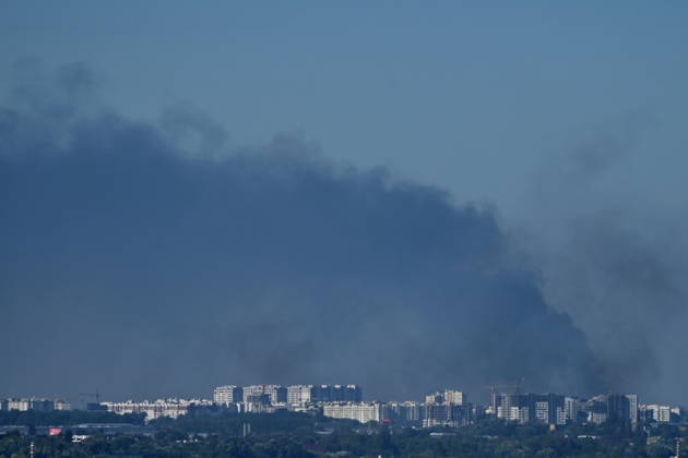 August 28, 2026, Vyshneve, Ukraine: Smoke rises from fires in warehouses damaged by Russian drone strikes. Russian forces launched a massive attack on Kyiv region with drones, hitting warehouses. Vyshneve Ukraine - ZUMAs197 20260828_aaa_s197_029 Copyright: xAleksandrxGusevx