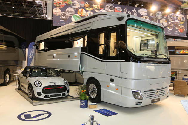 Volkner Mobil Perfection Luxury Motorhome with Center Garage and Mini John Cooper Works Convertible, Caravan Salon Düsseldorf August 28, 2006–September 9, 2026, Messe Düsseldorf, the world’s leading trade fair for mobile travel, the world’s largest trade fair for motorhomes and travel trailers, camping and caravanning, mobile vacations, Düsseldorf D