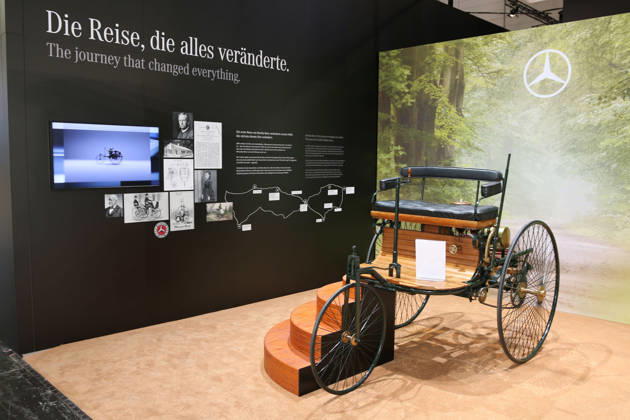Benz Patent Motor Car at the Mercedes-Benz booth, Caravan Salon Düsseldorf, August 28–September 6, 2026, Messe Düsseldorf, the world’s leading trade fair for mobile travel, the world’s largest trade fair for motorhomes and travel trailers, camping and caravanning, mobile vacations, Düsseldorf, Germany