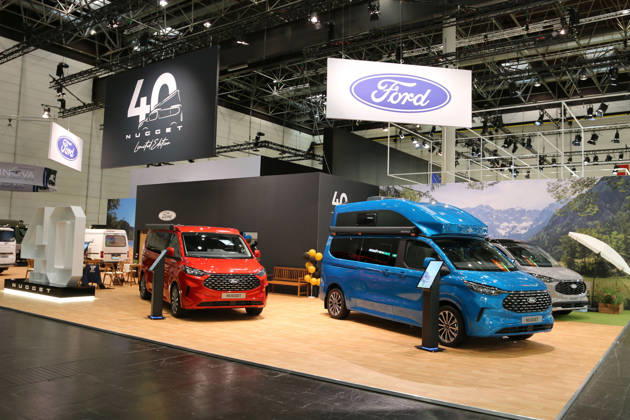 Ford booth featuring several vehicles celebrating 40 years of the Ford Nugget, Caravan Salon Düsseldorf, August 28, 2026, Messe Düsseldorf, the world s leading trade fair for mobile travel, the world s largest trade fair for motorhomes and travel trailers, camping and caravanning, mobile vacations, Düsseldorf, Germany
