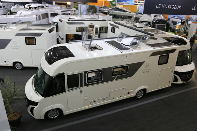 Le Voyageur LVXH 7 9 GJF Heritage with a solar panel on the roof, Caravan Salon Düsseldorf August 28, 2026, Messe Düsseldorf, the world’s leading trade fair for mobile travel, the world’s largest trade fair for motorhomes and caravans, camping and caravanning, mobile vacations, Düsseldorf D