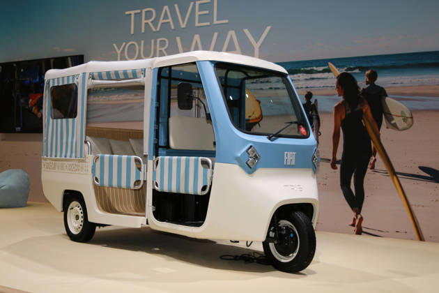 Fiat TRIS Dolcevita Concept Car—a tribute to the open-air shuttle vehicles of the 1960s found near luxury hotels on the Italian Riviera—a three-wheeled, Class E light electric vehicle, moped car with an electric motor, drivable with an AM driver’s license start