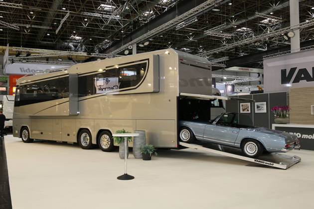 VARIO mobil Perfect¯1200¯QS PLATINUM Variomobil luxury motorhome based on a Mercedes-Benz Actros 2553 3-axle chassis, 12 meters long, one of the most expensive at the show, priced at approximately 2.2 million euros, featuring a Mercedes-Benz 230 SL Pagod