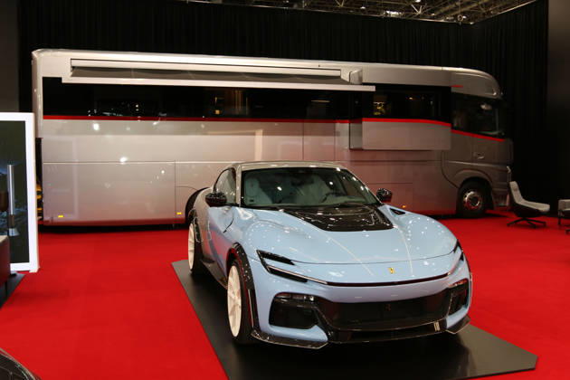 Ferrari Purosangue by NOVITEC ESTESO WIDEBODY 1 of 1 in front of a Dembell luxury motorhome, Caravan Salon Düsseldorf, August 28, 2026, Messe Düsseldorf, the world’s leading trade fair for mobile travel, the world’s largest trade fair for motorhomes and caravans, camping and caravanning, mobile vacations, Düsseldorf D