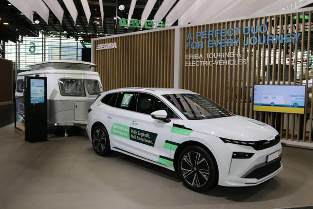 Skoda Enyaq 85x electric car with Eriba Touring 530 trailer, Caravan Salon Düsseldorf, August 28–September 6, 2026, Messe Düsseldorf, the world’s leading trade fair for mobile travel, the world’s largest trade fair for motorhomes and caravans, camping and caravaning, mobile vacations, Düsseldorf D