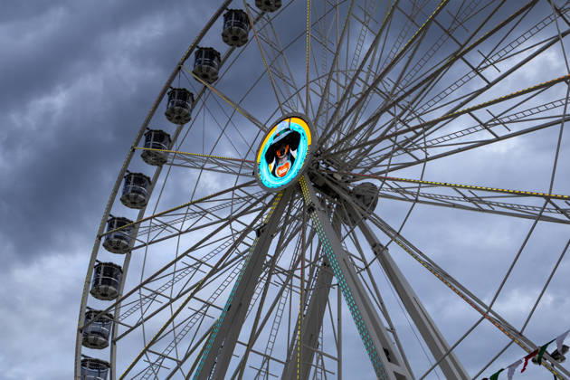 Augsburg, Bavaria, Germany - August 28, 2026: Opening of the Plärrer in Augsburg. Dark thunderclouds are gathering over the Ferris wheel at the Augsburg Herbstplärrer. The bad weather is casting a shadow over the fair and may disrupt the operation of the rides