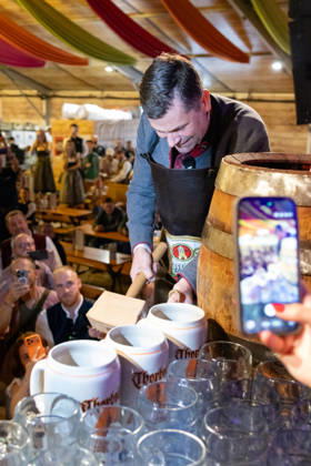 Augsburg, Bavaria, Germany August 28, 2026: Opening of the Plärrer in Augsburg. Augsburg™s mayor, Dr. Florian Freund (SPD), taps the first beer keg at the Augsburger Herbstplärrer, thereby traditionally opening the folk festival in the festival tent