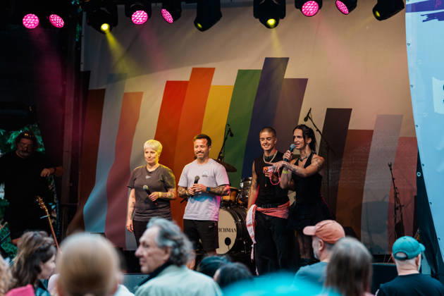 Germany, Aachen CSD, Aachen Pride 2026, Christopher Street Day, Parade, Equality, Anti-queer sentiment, Trans rights, Equal rights, Katschhof, Stage, Rainbow, Program, Host, Fiene, Max, Gilau, Gazelle (from left to right) Copyright: xThiemoxRudolphx