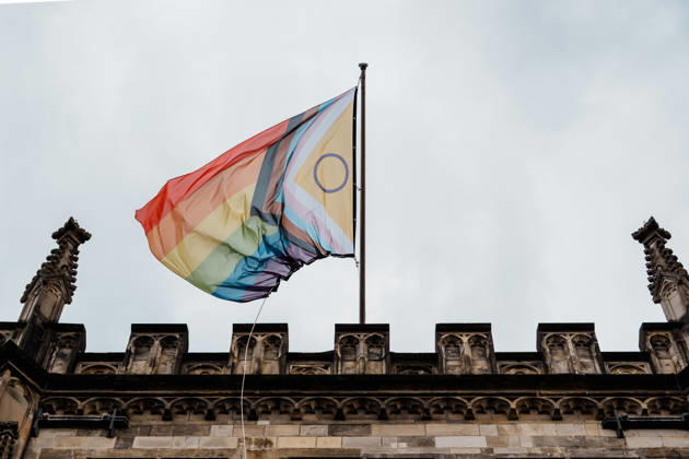 Germany, Aachen CSD, Aachen Pride 2026, Christopher Street Day, Parade, Equality, Anti-queer sentiment, Trans rights, Equal rights, Pride flag flying at Aachen City Hall on the Markt Copyright: xThiemoxRudolphx