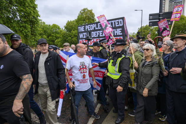 Stand Up To Racism Protest Against UKIP Demonstration LONDON, UNITED KINGDOM - AUGUST 29: Right wing UK Independence Party (UKIP) supporters clash with Stand Up To Racism counter-demonstrators during anti-Islam demonstration in London, United Kingdom on August 29, 2026. Ray Tang Anadolu London United Kingdom. Editorial use only. Please get in touch for any other usage. Copyright: x2026xAnadoluxRayxTangx
