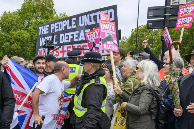 Stand Up To Racism Protest Against UKIP Demonstration LONDON, UNITED KINGDOM - AUGUST 29: Right wing UK Independence Party (UKIP) supporters clash with Stand Up To Racism counter-demonstrators during anti-Islam demonstration in London, United Kingdom on August 29, 2026. Ray Tang Anadolu London United Kingdom. Editorial use only. Please get in touch for any other usage. Copyright: x2026xAnadoluxRayxTangx