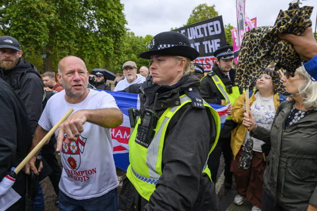 Stand Up To Racism Protest Against UKIP Demonstration LONDON, UNITED KINGDOM - AUGUST 29: Right wing UK Independence Party (UKIP) supporters clash with Stand Up To Racism counter-demonstrators during anti-Islam demonstration in London, United Kingdom on August 29, 2026. Ray Tang Anadolu London United Kingdom. Editorial use only. Please get in touch for any other usage. Copyright: x2026xAnadoluxRayxTangx