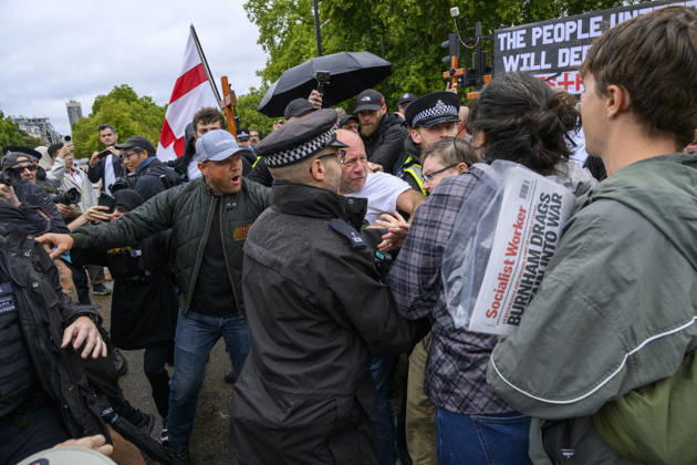 Stand Up To Racism Protest Against UKIP Demonstration LONDON, UNITED KINGDOM - AUGUST 29: Right wing UK Independence Party (UKIP) supporters clash with Stand Up To Racism counter-demonstrators during anti-Islam demonstration in London, United Kingdom on August 29, 2026. Ray Tang Anadolu London United Kingdom. Editorial use only. Please get in touch for any other usage. Copyright: x2026xAnadoluxRayxTangx