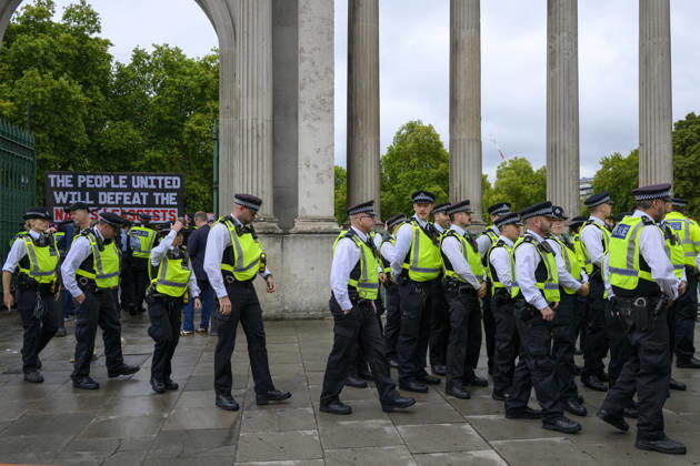 Stand Up To Racism Protest Against UKIP Demonstration LONDON, UNITED KINGDOM - AUGUST 29: Police take measures as protesters take part in a counter-demonstration organised by Stand Up To Racism group against the anti-Islam demonstration organised by the right wing UK Independence Party (UKIP) in London, United Kingdom on August 29, 2026. Ray Tang Anadolu London United Kingdom. Editorial use only. Please get in touch for any other usage. Copyright: x2026xAnadoluxRayxTangx