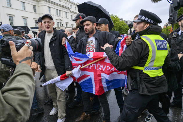 Stand Up To Racism Protest Against UKIP Demonstration LONDON, UNITED KINGDOM - AUGUST 29: Right wing UK Independence Party (UKIP) supporters clash with Stand Up To Racism counter-demonstrators during anti-Islam demonstration in London, United Kingdom on August 29, 2026. Ray Tang Anadolu London United Kingdom. Editorial use only. Please get in touch for any other usage. Copyright: x2026xAnadoluxRayxTangx