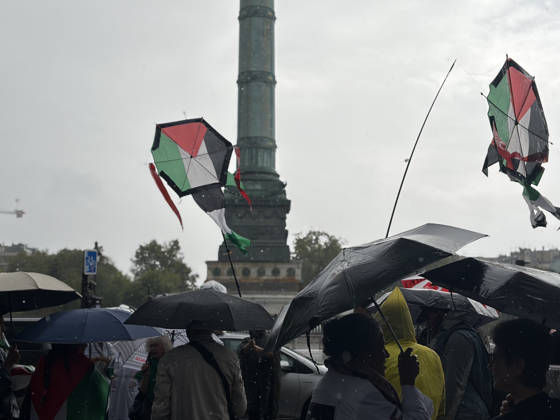 Pro-Palestinian demonstrators march through rain in Paris holding olive branches and kites PARIS, FRANCE - AUGUST 29: Demonstrators hold olive branches and kites while marching through heavy rain near Place de la Bastille in central Paris, France, on August 29, 2026. Gathering despite inclement weather, pro-Palestinian activists paraded toward the historic Fontaine des Innocents, displaying olive branches as symbols of peace and flying kites to draw international attention to the humanitarian crisis in Gaza while demanding an immediate ceasefire and the lifting of blockades. Esra Taskin Anadolu Paris France. Editorial use only. Please get in touch for any other usage. Copyright: x2026xAnadoluxEsraxTaskinx