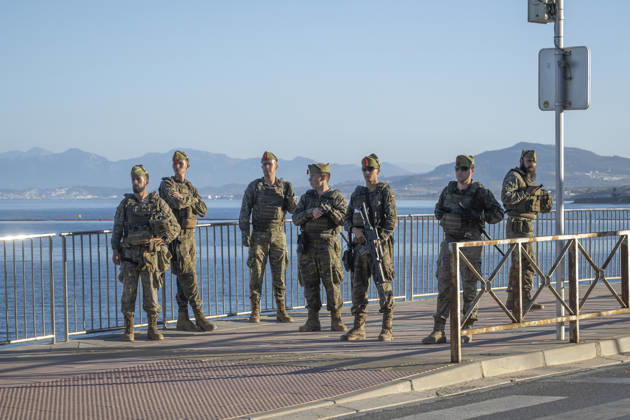 Peaceful demonstration organized by neighborhood associations in Ceuta. Military personnel patrol the streets of Ceuta on August 29, 2026, in Ceuta, Spain. The demonstration, which was distinctly peaceful in nature, was organized by several neighborhood associations under the slogan Ceuta United, Ceuta at Peace. Another march planned for tonight has ultimately been canceled by its organizers to prevent people who incite violence from joining them, after they were alerted to the possible arrival of extremist groups. AUGUST 29, 2026 Ceuta, Spain Copyright: xMarcosxMorenox 7737685