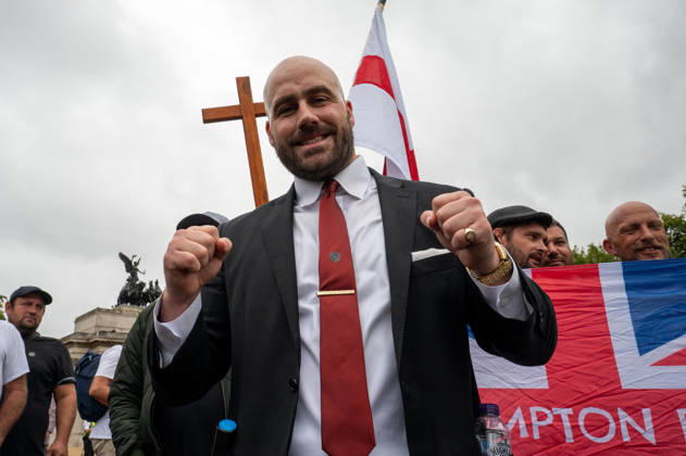 August 29, 2026, London, Westminster, United Kingdom: UKIP leader Nick Tenconi seen during the No to Sharia Law protest in central London. UKIP leader Nick Tenconi led supporters on a march and rally through central London calling for an end to Sharia law in Great Britain. The demonstration, organized under the banner No to Sharia Law, was met by a counter-protest. Tensions rose at the start of the march, with counter-protesters pushing against police officers as officers attempted to keep the opposing groups apart. The Metropolitan Police had imposed conditions on both demonstrations to prevent serious disorder. London United Kingdom  - ZUMAs197 20260829_aaa_s197_170 Copyright: xJamesxWilloughbyx