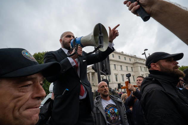 August 29, 2026, London, Westminster, United Kingdom: UKIP leader Nick Tenconi seen during the No to Sharia Law protest in central London. UKIP leader Nick Tenconi led supporters on a march and rally through central London calling for an end to Sharia law in Great Britain. The demonstration, organized under the banner No to Sharia Law, was met by a counter-protest. Tensions rose at the start of the march, with counter-protesters pushing against police officers as officers attempted to keep the opposing groups apart. The Metropolitan Police had imposed conditions on both demonstrations to prevent serious disorder. London United Kingdom  - ZUMAs197 20260829_aaa_s197_180 Copyright: xJamesxWilloughbyx