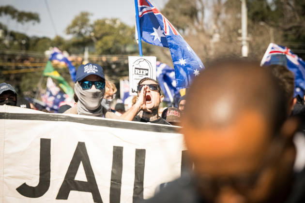 ANTI IMMIGRATION RALLY, Protestors marched through the streets of Melbourne shouting anti immigration slogans during a far right March for Australia anti-immigration rally in Melbourne, Sunday, August 30, 2026. ( NO ARCHIVING MELBOURNE VICTORIA AUSTRALIA Copyright: xCHRISTOPHERxHOPKINSx 20260830163005442551