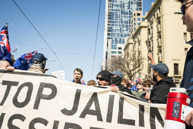 ANTI IMMIGRATION RALLY, Protestors marched through the streets of Melbourne shouting anti immigration slogans during a far right March for Australia anti-immigration rally in Melbourne, Sunday, August 30, 2026. ( NO ARCHIVING MELBOURNE VICTORIA AUSTRALIA Copyright: xCHRISTOPHERxHOPKINSx 20260830136397639790