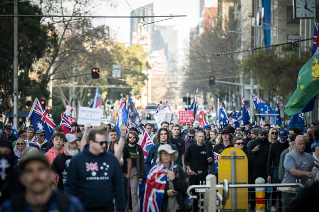 ANTI IMMIGRATION RALLY, Protestors marched through the streets of Melbourne shouting anti immigration slogans during a far right March for Australia anti-immigration rally in Melbourne, Sunday, August 30, 2026. ( NO ARCHIVING MELBOURNE VICTORIA AUSTRALIA Copyright: xCHRISTOPHERxHOPKINSx 20260830139848868892