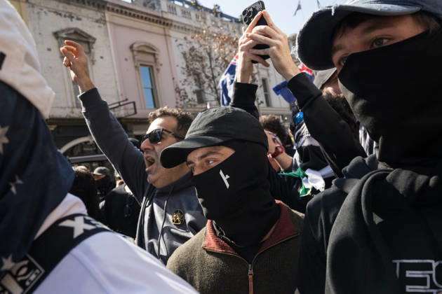 ANTI IMMIGRATION RALLY, Far right protestors confront counter protestors during a far right March for Australia anti-immigration rally in Melbourne, Sunday, August 30, 2026. ( NO ARCHIVING MELBOURNE VICTORIA AUSTRALIA Copyright: xCHRISTOPHERxHOPKINSx 20260830188151236078