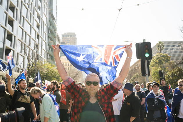 ANTI IMMIGRATION RALLY, Protestors marched through the streets of Melbourne shouting anti immigration slogans during a far right March for Australia anti-immigration rally in Melbourne, Sunday, August 30, 2026. ( NO ARCHIVING MELBOURNE VICTORIA AUSTRALIA Copyright: xCHRISTOPHERxHOPKINSx 20260830116286056111