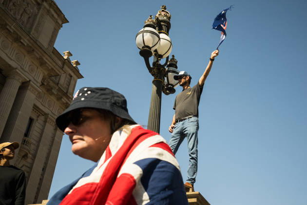 ANTI IMMIGRATION RALLY, Anti immigration protestors converged on the steps of Parliament house during a far right March for Australia anti-immigration rally in Melbourne, Sunday, August 30, 2026. ( NO ARCHIVING MELBOURNE VICTORIA AUSTRALIA Copyright: xCHRISTOPHERxHOPKINSx 20260830197672519422