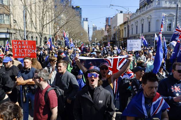 August 30, 2026, Melbourne, Victoria State, Australia: A far-right activist shouts slogans during a far right March for Australia anti-immigration rally..Hundreds of supporters of the far-right group March for Australia marched through MelbourneÃ¢â‚¬â ¢s CBD as part of a demonstration focused on freedom of speech and political expression, while counter-protesters gathered separately to oppose the march and its political messages. March for Australia organisers called for the repeal of laws they say restrict political communication, an end to government censorship and constitutional protection for freedom of speech. Melbourne Australia - ZUMAs197 20260830_aaa_s197_014 Copyright: xYexMyoxKhantx
