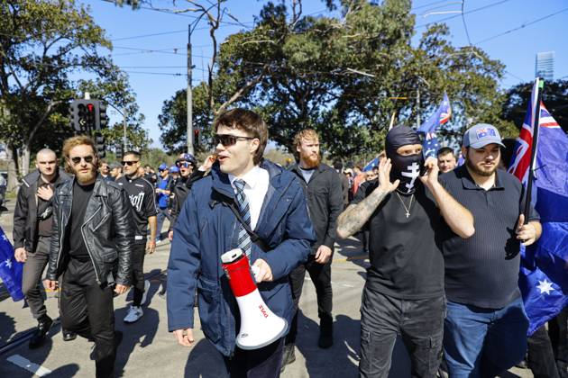 August 30, 2026, Melbourne, Victoria State, Australia: Far-right influencer Hugo Ã¢â‚¬oeAuspillÃ¢â‚¬Â Lennon is seen during the March for Australia rally..Hundreds of supporters of the far-right group March for Australia marched through MelbourneÃ¢â‚¬â ¢s CBD as part of a demonstration focused on freedom of speech and political expression, while counter-protesters gathered separately to oppose the march and its political messages. March for Australia organisers called for the repeal of laws they say restrict political communication, an end to government censorship and constitutional protection for freedom of speech. Melbourne Australia - ZUMAs197 20260830_aaa_s197_020 Copyright: xYexMyoxKhantx