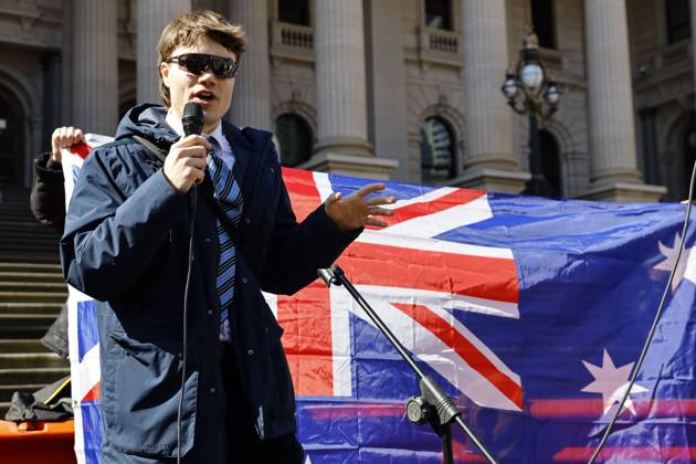 August 30, 2026, Melbourne, Victoria State, Australia: Fair right influencer Hugo Ã¢â‚¬ËœAuspillÃ¢â‚¬â ¢ Lennon addresses the crowd during the rally..Hundreds of supporters of the far-right group March for Australia marched through MelbourneÃ¢â‚¬â ¢s CBD as part of a demonstration focused on freedom of speech and political expression, while counter-protesters gathered separately to oppose the march and its political messages. March for Australia organisers called for the repeal of laws they say restrict political communication, an end to government censorship and constitutional protection for freedom of speech. Melbourne Australia - ZUMAs197 20260830_aaa_s197_021 Copyright: xYexMyoxKhantx