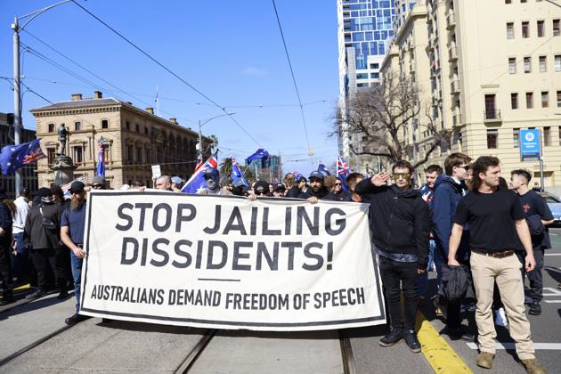 August 30, 2026, Melbourne, Victoria State, Australia: Far-right activists holding a banner and placards march through Melbourne during the rally..Hundreds of supporters of the far-right group March for Australia marched through MelbourneÃ¢â‚¬â ¢s CBD as part of a demonstration focused on freedom of speech and political expression, while counter-protesters gathered separately to oppose the march and its political messages. March for Australia organisers called for the repeal of laws they say restrict political communication, an end to government censorship and constitutional protection for freedom of speech. Melbourne Australia - ZUMAs197 20260830_aaa_s197_022 Copyright: xYexMyoxKhantx