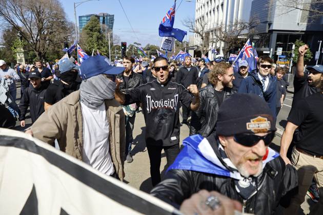 August 30, 2026, Melbourne, Victoria State, Australia: Far-right activists chant slogans during a far right March for Australia anti-immigration rally..Hundreds of supporters of the far-right group March for Australia marched through MelbourneÃ¢â‚¬â ¢s CBD as part of a demonstration focused on freedom of speech and political expression, while counter-protesters gathered separately to oppose the march and its political messages. March for Australia organisers called for the repeal of laws they say restrict political communication, an end to government censorship and constitutional protection for freedom of speech. Melbourne Australia - ZUMAs197 20260830_aaa_s197_024 Copyright: xYexMyoxKhantx