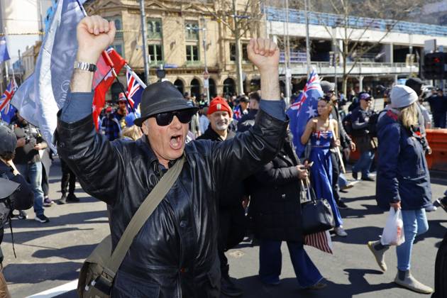 August 30, 2026, Melbourne, Victoria State, Australia: A far-right activist shouts slogans during the rally..Hundreds of supporters of the far-right group March for Australia marched through MelbourneÃ¢â‚¬â ¢s CBD as part of a demonstration focused on freedom of speech and political expression, while counter-protesters gathered separately to oppose the march and its political messages. March for Australia organisers called for the repeal of laws they say restrict political communication, an end to government censorship and constitutional protection for freedom of speech. Melbourne Australia - ZUMAs197 20260830_aaa_s197_026 Copyright: xYexMyoxKhantx