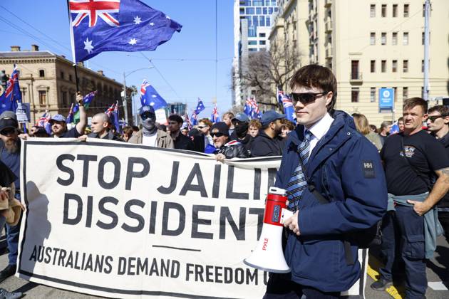 August 30, 2026, Melbourne, Victoria State, Australia: Fair right influencer Hugo Ã¢â‚¬ËœAuspillÃ¢â‚¬â ¢ Lennon marches during the rally..Hundreds of supporters of the far-right group March for Australia marched through MelbourneÃ¢â‚¬â ¢s CBD as part of a demonstration focused on freedom of speech and political expression, while counter-protesters gathered separately to oppose the march and its political messages. March for Australia organisers called for the repeal of laws they say restrict political communication, an end to government censorship and constitutional protection for freedom of speech. Melbourne Australia - ZUMAs197 20260830_aaa_s197_028 Copyright: xYexMyoxKhantx