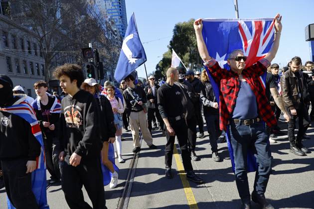 August 30, 2026, Melbourne, Victoria State, Australia: Far-right activists marched through the streets of Melbourne during the rally..Hundreds of supporters of the far-right group March for Australia marched through MelbourneÃ¢â‚¬â ¢s CBD as part of a demonstration focused on freedom of speech and political expression, while counter-protesters gathered separately to oppose the march and its political messages. March for Australia organisers called for the repeal of laws they say restrict political communication, an end to government censorship and constitutional protection for freedom of speech. Melbourne Australia - ZUMAs197 20260830_aaa_s197_034 Copyright: xYexMyoxKhantx