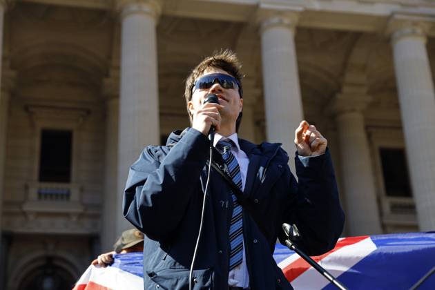 August 30, 2026, Melbourne, Victoria State, Australia: Fair right influencer Hugo Ã¢â‚¬ËœAuspillÃ¢â‚¬â ¢ Lennon addresses the crowd during a far right March for Australia anti-immigration rally..Hundreds of supporters of the far-right group March for Australia marched through MelbourneÃ¢â‚¬â ¢s CBD as part of a demonstration focused on freedom of speech and political expression, while counter-protesters gathered separately to oppose the march and its political messages. March for Australia organisers called for the repeal of laws they say restrict political communication, an end to government censorship and constitutional protection for freedom of speech. Melbourne Australia - ZUMAs197 20260830_aaa_s197_036 Copyright: xYexMyoxKhantx