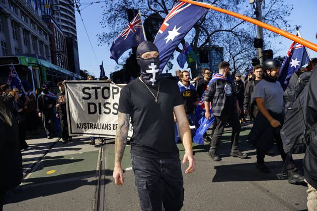 August 30, 2026, Melbourne, Victoria State, Australia: A far-right activist shouts slogans during the rally..Hundreds of supporters of the far-right group March for Australia marched through MelbourneÃ¢â‚¬â ¢s CBD as part of a demonstration focused on freedom of speech and political expression, while counter-protesters gathered separately to oppose the march and its political messages. March for Australia organisers called for the repeal of laws they say restrict political communication, an end to government censorship and constitutional protection for freedom of speech. Melbourne Australia - ZUMAs197 20260830_aaa_s197_038 Copyright: xYexMyoxKhantx