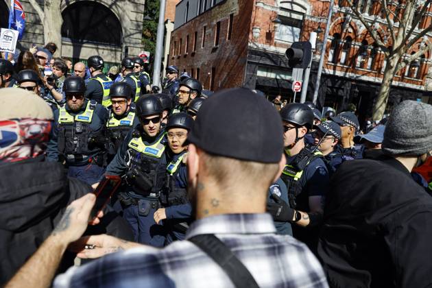 August 30, 2026, Melbourne, Victoria State, Australia: Victoria Police officers push a far-right activist during the rally..Hundreds of supporters of the far-right group March for Australia marched through Melbourneâ€⠢s CBD as part of a demonstration focused on freedom of speech and political expression, while counter-protesters gathered separately to oppose the march and its political messages. March for Australia organisers called for the repeal of laws they say restrict political communication, an end to government censorship and constitutional protection for freedom of speech. Melbourne Australia - ZUMAs197 20260830_aaa_s197_044 Copyright: xYexMyoxKhantx