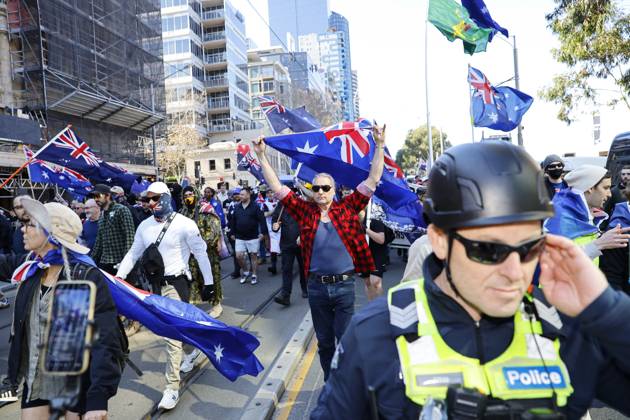 August 30, 2026, Melbourne, Victoria State, Australia: Far-right activists marched through the streets of Melbourne during the rally..Hundreds of supporters of the far-right group March for Australia marched through MelbourneÃ¢â‚¬â ¢s CBD as part of a demonstration focused on freedom of speech and political expression, while counter-protesters gathered separately to oppose the march and its political messages. March for Australia organisers called for the repeal of laws they say restrict political communication, an end to government censorship and constitutional protection for freedom of speech. Melbourne Australia - ZUMAs197 20260830_aaa_s197_051 Copyright: xYexMyoxKhantx