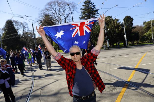 August 30, 2026, Melbourne, Victoria State, Australia: Far-right activists marched through the streets of Melbourne during the rally..Hundreds of supporters of the far-right group March for Australia marched through MelbourneÃ¢â‚¬â ¢s CBD as part of a demonstration focused on freedom of speech and political expression, while counter-protesters gathered separately to oppose the march and its political messages. March for Australia organisers called for the repeal of laws they say restrict political communication, an end to government censorship and constitutional protection for freedom of speech. Melbourne Australia - ZUMAs197 20260830_aaa_s197_056 Copyright: xYexMyoxKhantx