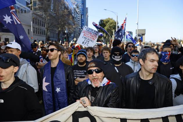 August 30, 2026, Melbourne, Victoria State, Australia: A far-right activist shouts slogans during a far right March for Australia anti-immigration rally..Hundreds of supporters of the far-right group March for Australia marched through MelbourneÃ¢â‚¬â ¢s CBD as part of a demonstration focused on freedom of speech and political expression, while counter-protesters gathered separately to oppose the march and its political messages. March for Australia organisers called for the repeal of laws they say restrict political communication, an end to government censorship and constitutional protection for freedom of speech. Melbourne Australia - ZUMAs197 20260830_aaa_s197_057 Copyright: xYexMyoxKhantx