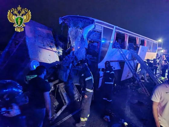 RUSSIA, STAVROPOL REGION - AUGUST 30, 2026: The scene of a road collision involving a pasenger bus. Stavropol Region Prosecutor s Office 96831079