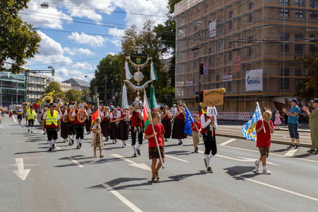 Augsburg, Bavaria, Germany - August 29, 2026: Traditional Plärrer parade in Augsburg. The Welden Music Association takes part in the traditional Plärrer parade through Augsburg with flags, a banner, and a band in traditional dress, accompanying the procession with brass band music