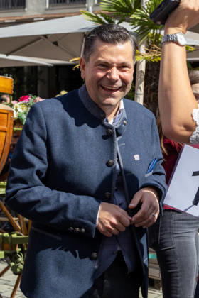 Augsburg, Bavaria, Germany August 29, 2026: Traditional Plärrer parade in Augsburg. Augsburg™s mayor, Dr. Florian Freund (SPD), is in good spirits during the traditional Plärrer parade through the city center and takes part in the procession