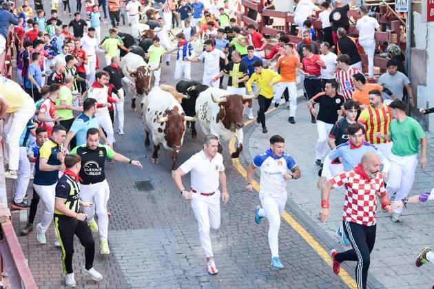 Seventh bull run of the San Sebastián de los Reyes festival in Madrid. Runners during the seventh bull run of the San Sebastián de los Reyes festival, featuring bulls from the Juan Pedro Domecq and Álvaro Núnez ranches, on August 30, 2026, in San Sebastián de los Reyes, Madrid, Spain. This is one of the most iconic events of the patron saint festivities in honor of the Santísimo Cristo de los Remedios. The route is 820 meters long and runs from the pens to the bullring, bringing together thousands of runners and spectators. During these days, there is also a nighttime bull run, bull releases, contests, and visits to the pens to see the bulls before the races. AUGUST 30, 2026 BULLS LOCAL FESTIVITIES San Sebastián de los Reyes, Madrid San Se Copyright: xGustavoxValientex 7738328