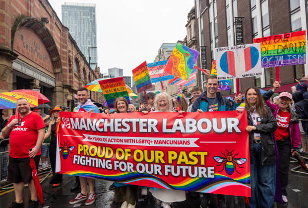 August 29, 2026, Manchester, United Kingdom: Manchester Labour pride group joins the pride parade. Revelers refused to let a heavy downpour dampen their spirits as the annual parade makes its way through the city centre. Despite the torrential rain, the LGBTQ+ community and supporters partied anyway, filling the streets with vibrant colour, music, and joy. The festival has been officially renamed Manchester Village Pride this year, marking a new community-led chapter after the voluntary liquidation and financial collapse of the former organizing company last autumn. Taking part in the celebrations, the newly elected Mayor of Greater Manchester, Bev Craig, actively engaged with parade participants and cheering crowds along the route through - ZUMAs197 20260829_aaa_s197_372 Copyright: xGaryxRobertsx