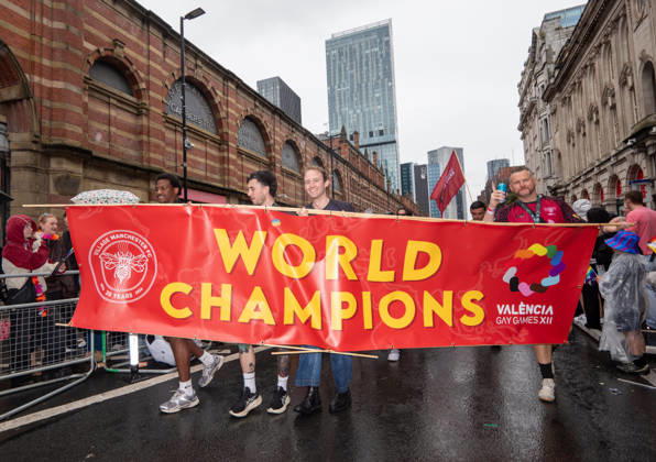 August 29, 2026, Manchester, United Kingdom: Manchester United pride group marches during the pride parade. Revelers refused to let a heavy downpour dampen their spirits as the annual parade makes its way through the city centre. Despite the torrential rain, the LGBTQ+ community and supporters partied anyway, filling the streets with vibrant colour, music, and joy. The festival has been officially renamed Manchester Village Pride this year, marking a new community-led chapter after the voluntary liquidation and financial collapse of the former organizing company last autumn. Taking part in the celebrations, the newly elected Mayor of Greater Manchester, Bev Craig, actively engaged with parade participants and cheering crowds along the route - ZUMAs197 20260829_aaa_s197_375 Copyright: xGaryxRobertsx