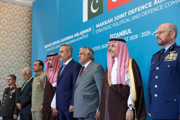 First committee meeting of Mecca Joint Defense Agreement begins in Istanbul ISTANBUL, TURKIYE - AUGUST 31: (----EDITORIAL USE ONLY MANDATORY CREDIT - TURKISH FOREIGN MINISTRY HANDOUT - NO MARKETING NO ADVERTISING CAMPAIGNS - DISTRIBUTED AS A SERVICE TO CLIENTS----) Turkish Foreign Minister Hakan Fidan, Turkish National Defense Minister Yasar Guler, Turkish Chief of General Staff Gen. Selcuk Bayraktaroglu, Pakistani Foreign Minister Muhammad Ishaq Dar, Pakistani Defense Minister Khawaja Muhammad Asif, Pakistani Chief of Army Staff Field Marshal Asim Munir, Saudi Foreign Minister Faisal bin Farhan, Saudi Defense Minister Khalid bin Salman and Saudi Chief of General Staff Gen. Fayyadh bin Hamed Al-Ruwaili attend the first meeting of the St  Copyright: x2026xAnadoluxTurkishxForeignxMinistry Handoutx